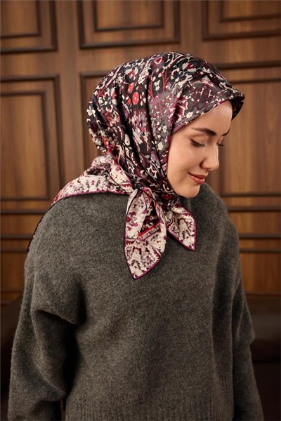 Twill İpek Eşarp Siyah–Bordo Desenli Tok Duruşlu Kaymaz 90x90