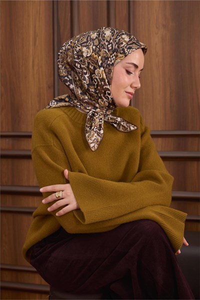 Twill İpek Eşarp Siyah–Haki Desenli Tok Duruşlu Kaymaz 90x90