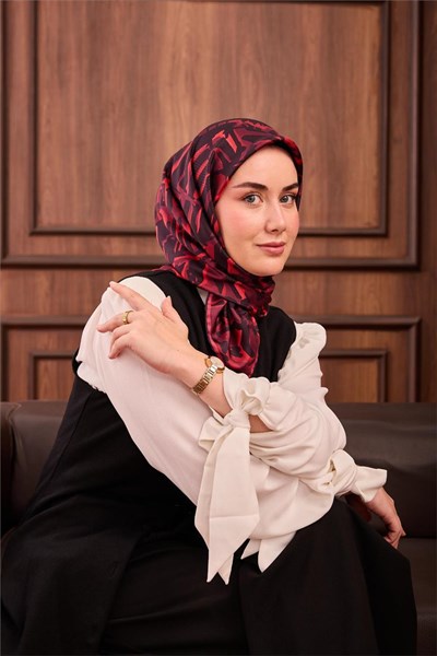 Twill İpek Eşarp Siyah–Mercan–Mor Desenli Tok Duruşlu 90x90