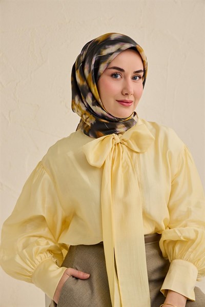 Twill İpek Eşarp Soyut Çiçek Desen Antrasit 90x90