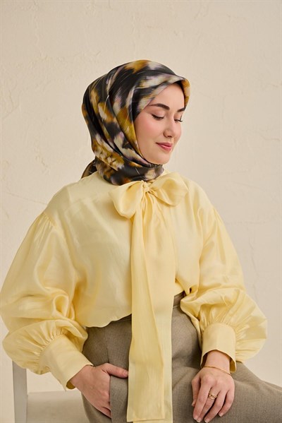 Twill İpek Eşarp Soyut Çiçek Desen Antrasit 90x90