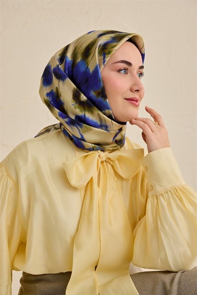 Twill İpek Eşarp Soyut Çiçek Desen Butter Yellow 90x90