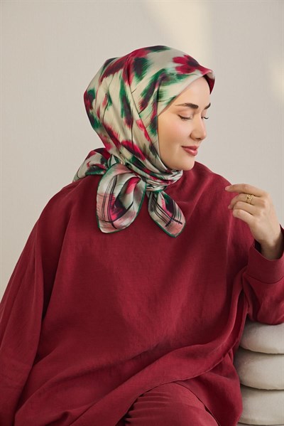 Twill İpek Eşarp Soyut Çiçek Desen Fuşya 90x90