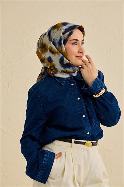 Twill İpek Eşarp Soyut Çiçek Desen Gece Mavisi 90x90