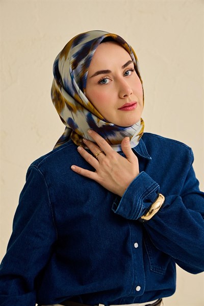 Twill İpek Eşarp Soyut Çiçek Desen Gece Mavisi 90x90