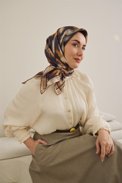 Twill İpek Eşarp Soyut Çiçek Desen Koyu Mor 90x90