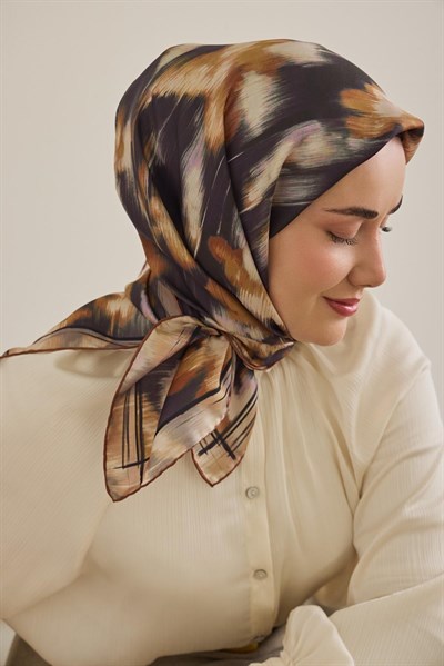 Twill İpek Eşarp Soyut Çiçek Desen Koyu Mor 90x90