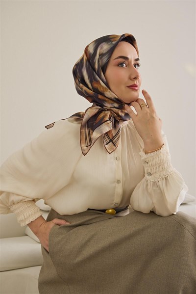 Twill İpek Eşarp Soyut Çiçek Desen Koyu Mor 90x90