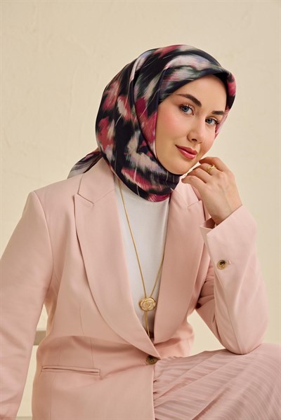 Twill İpek Eşarp Soyut Çiçek Desen Siyah 90x90