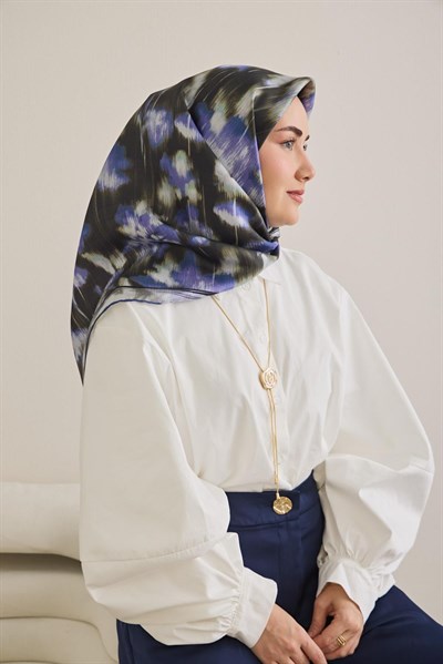 Twill İpek Eşarp Soyut Çiçek Desen Siyah 90x90