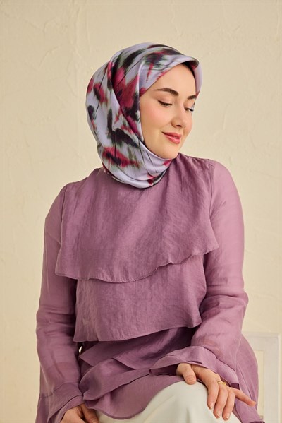 Twill İpek Eşarp Soyut Çiçek Desen Soluk Lila 90x90