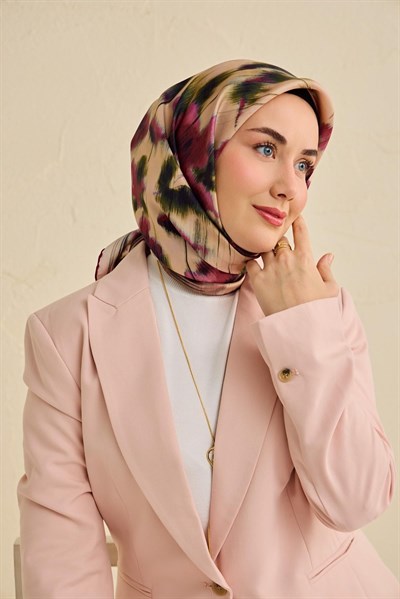 Twill İpek Eşarp Soyut Çiçek Desen Somon 90x90