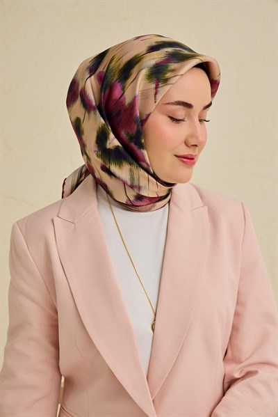 Twill İpek Eşarp Soyut Çiçek Desen Somon 90x90