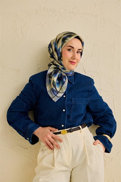 Twill İpek Eşarp Soyut Çiçek Desen Su Yeşili 90x90