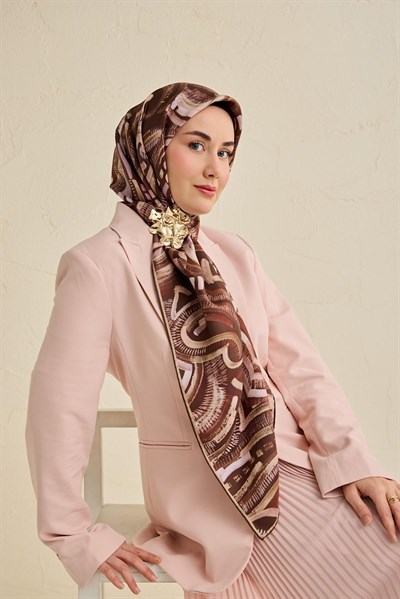 Twill İpek Eşarp Soyut Desen Acı Kahve 90x90