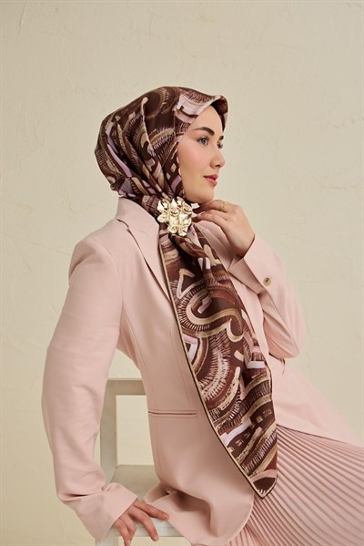Twill İpek Eşarp Soyut Desen Acı Kahve 90x90