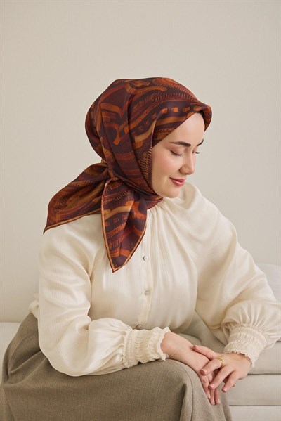 Twill İpek Eşarp Soyut Desen Acı Kahve 90x90