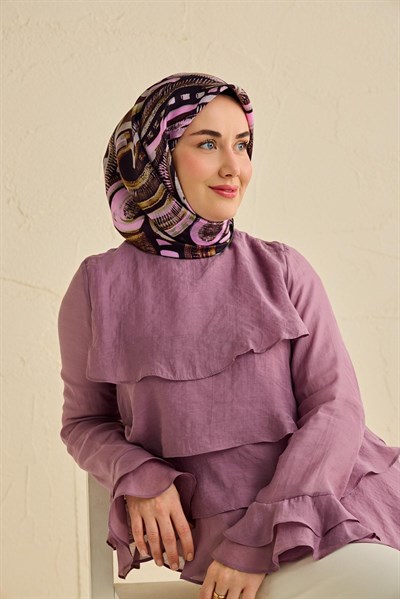 Twill İpek Eşarp Soyut Desen Acı Kahve 90x90