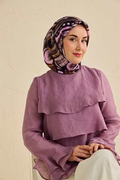 Twill İpek Eşarp Soyut Desen Acı Kahve 90x90