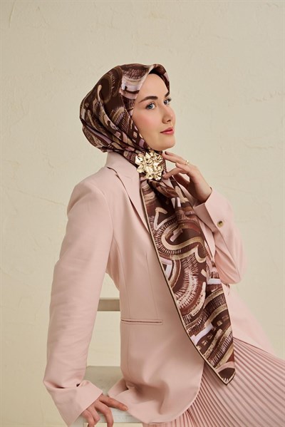 Twill İpek Eşarp Soyut Desen Acı Kahve 90x90