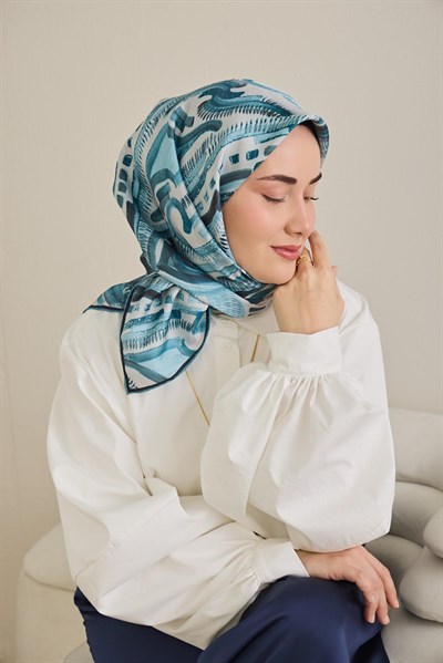Twill İpek Eşarp Soyut Desen Bebe Mavi 90x90