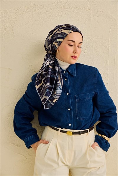 Twill İpek Eşarp Soyut Desen Gece Mavisi 90x90