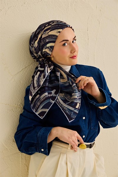Twill İpek Eşarp Soyut Desen Gece Mavisi 90x90