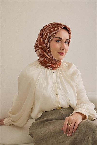 Twill İpek Eşarp Soyut Desen Kiremit 90x90
