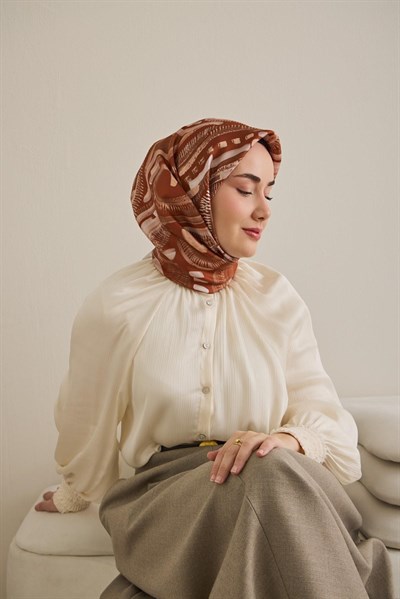 Twill İpek Eşarp Soyut Desen Kiremit 90x90