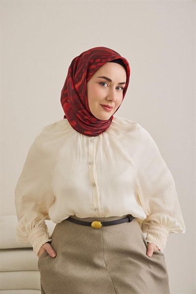 Twill İpek Eşarp Soyut Desen Kırmızı 90x90
