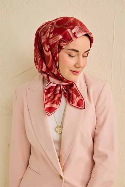 Twill İpek Eşarp Soyut Desen Koyu Kırmızı 90x90