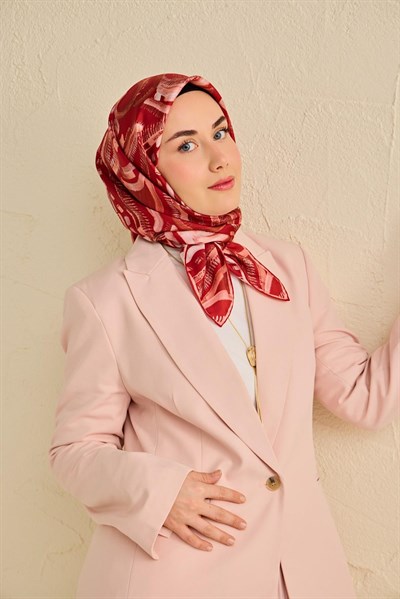 Twill İpek Eşarp Soyut Desen Koyu Kırmızı 90x90