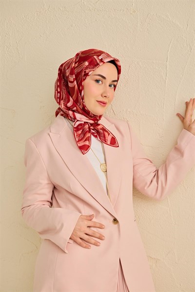 Twill İpek Eşarp Soyut Desen Koyu Kırmızı 90x90