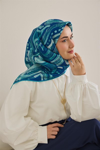 Twill İpek Eşarp Soyut Desen Koyu Mavi 90x90