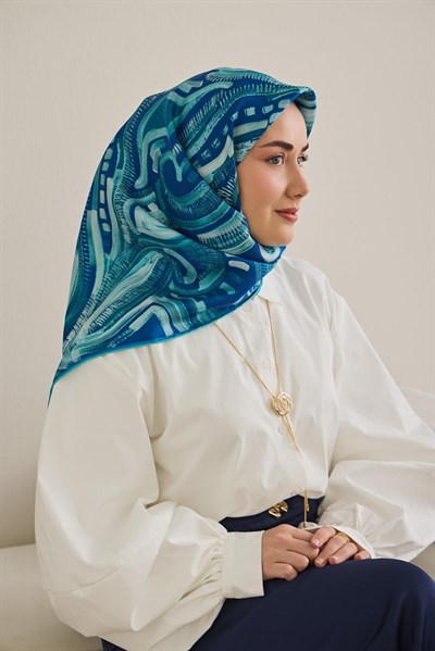Twill İpek Eşarp Soyut Desen Koyu Mavi 90x90
