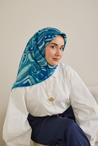 Twill İpek Eşarp Soyut Desen Koyu Mavi 90x90