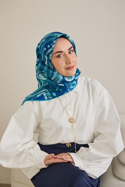 Twill İpek Eşarp Soyut Desen Koyu Mavi 90x90