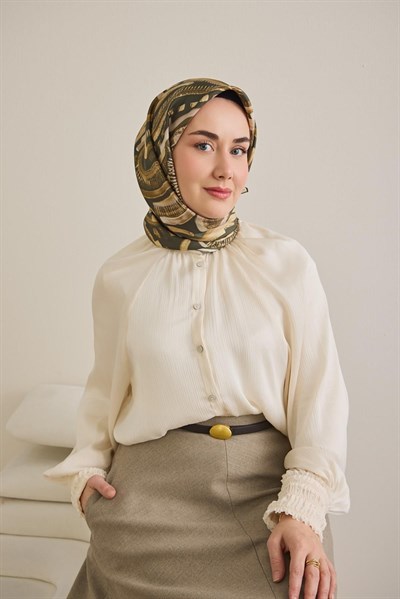 Twill İpek Eşarp Soyut Desen Koyu Yeşil 90x90