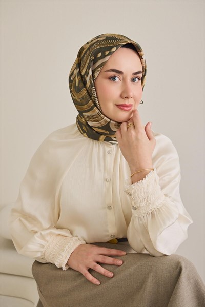 Twill İpek Eşarp Soyut Desen Koyu Yeşil 90x90