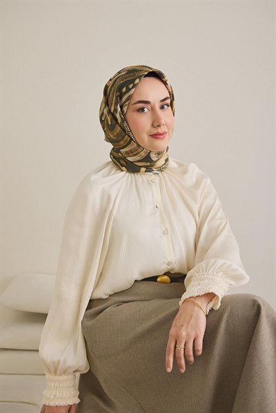 Twill İpek Eşarp Soyut Desen Koyu Yeşil 90x90