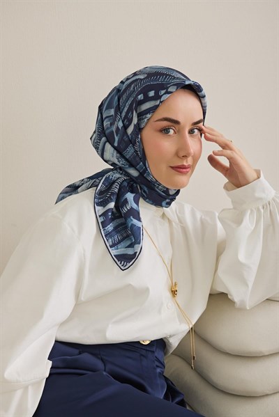 Twill İpek Eşarp Soyut Desen Lacivert 90x90