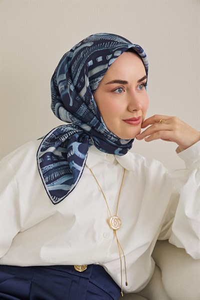 Twill İpek Eşarp Soyut Desen Lacivert 90x90
