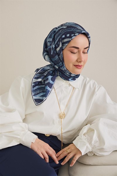 Twill İpek Eşarp Soyut Desen Lacivert 90x90