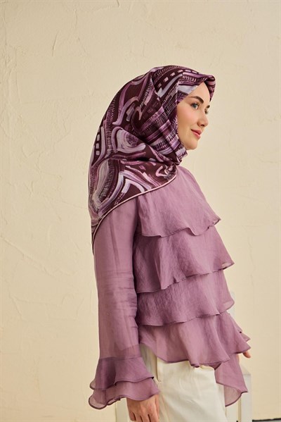 Twill İpek Eşarp Soyut Desen Mürdüm 90x90