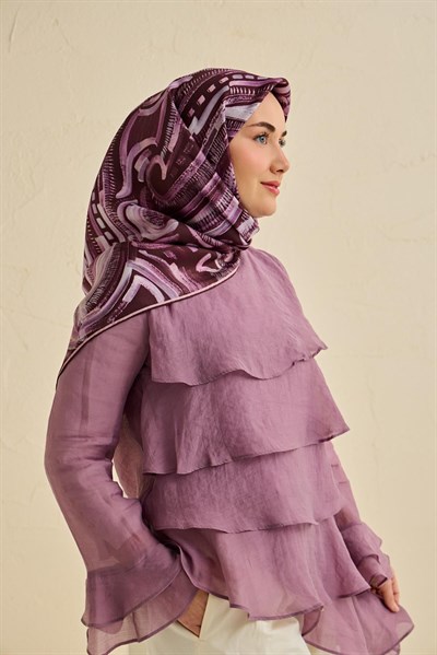 Twill İpek Eşarp Soyut Desen Mürdüm 90x90