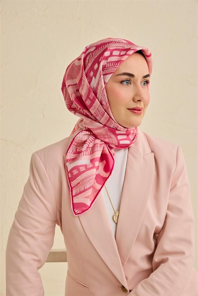 Twill İpek Eşarp Soyut Desen Pembe 90x90