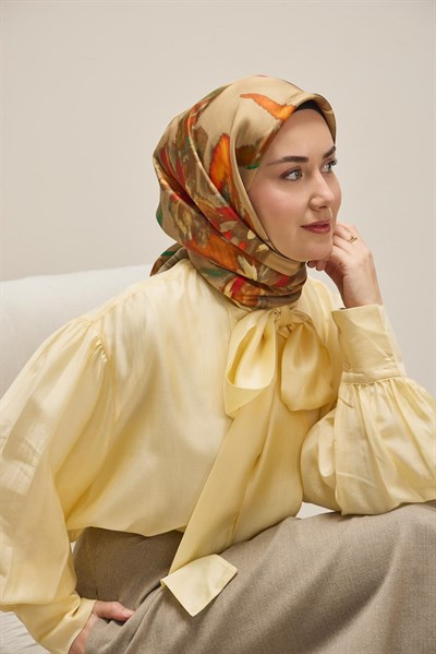 Twill İpek Eşarp Sulu Boya Yeşil Bej 90x90