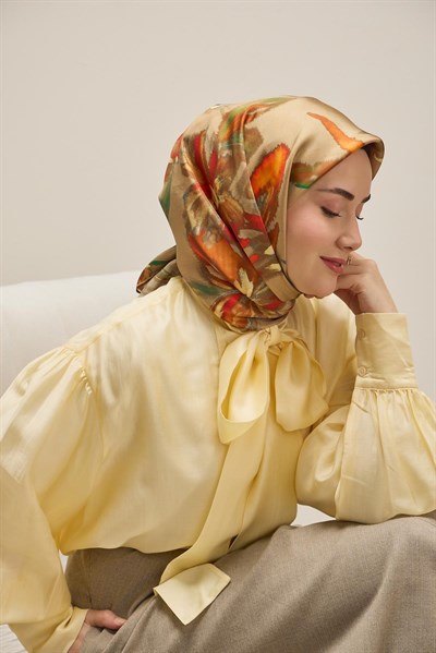 Twill İpek Eşarp Sulu Boya Yeşil Bej 90x90