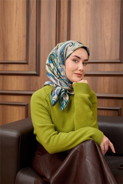 Twill İpek Eşarp Taş-Mavi Desenli Tok Duruşlu 90x90