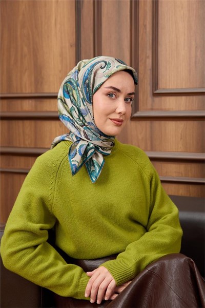 Twill İpek Eşarp Taş-Mavi Desenli Tok Duruşlu 90x90